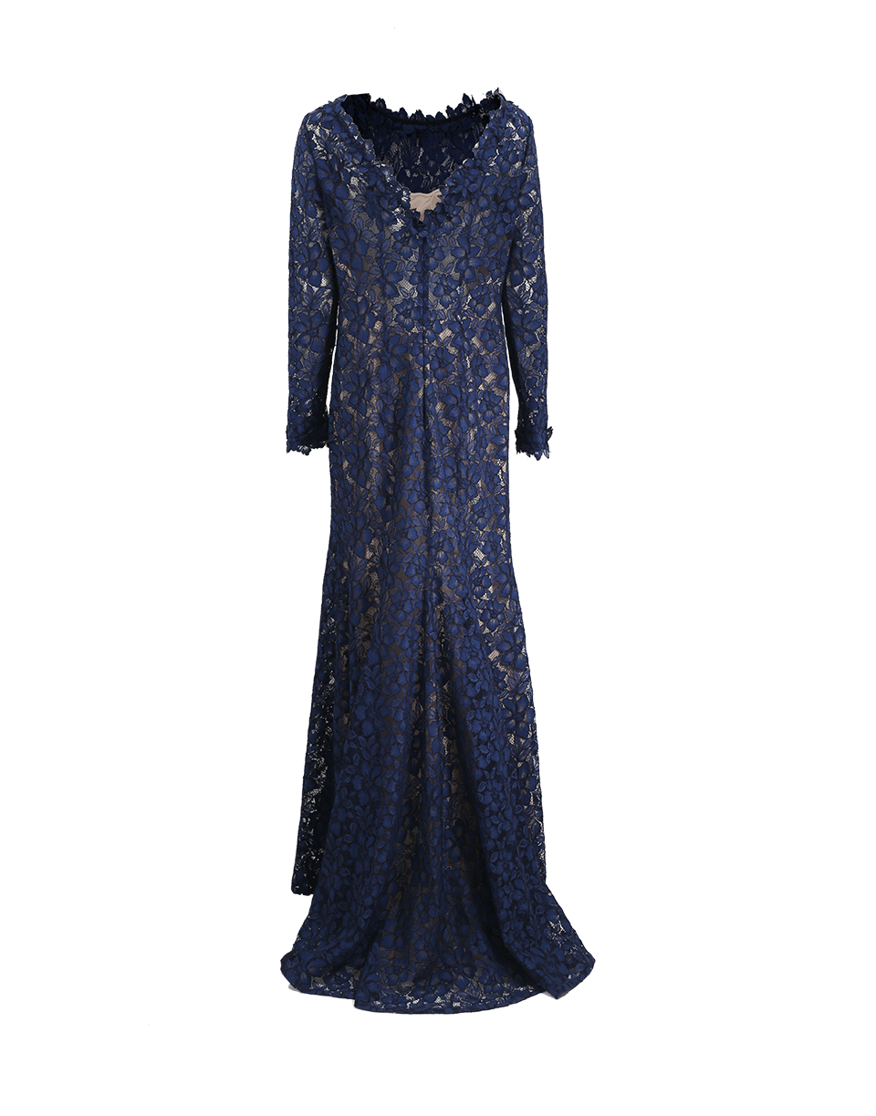 OSCAR DE LA RENTA-Floral Applique Lace Gown-