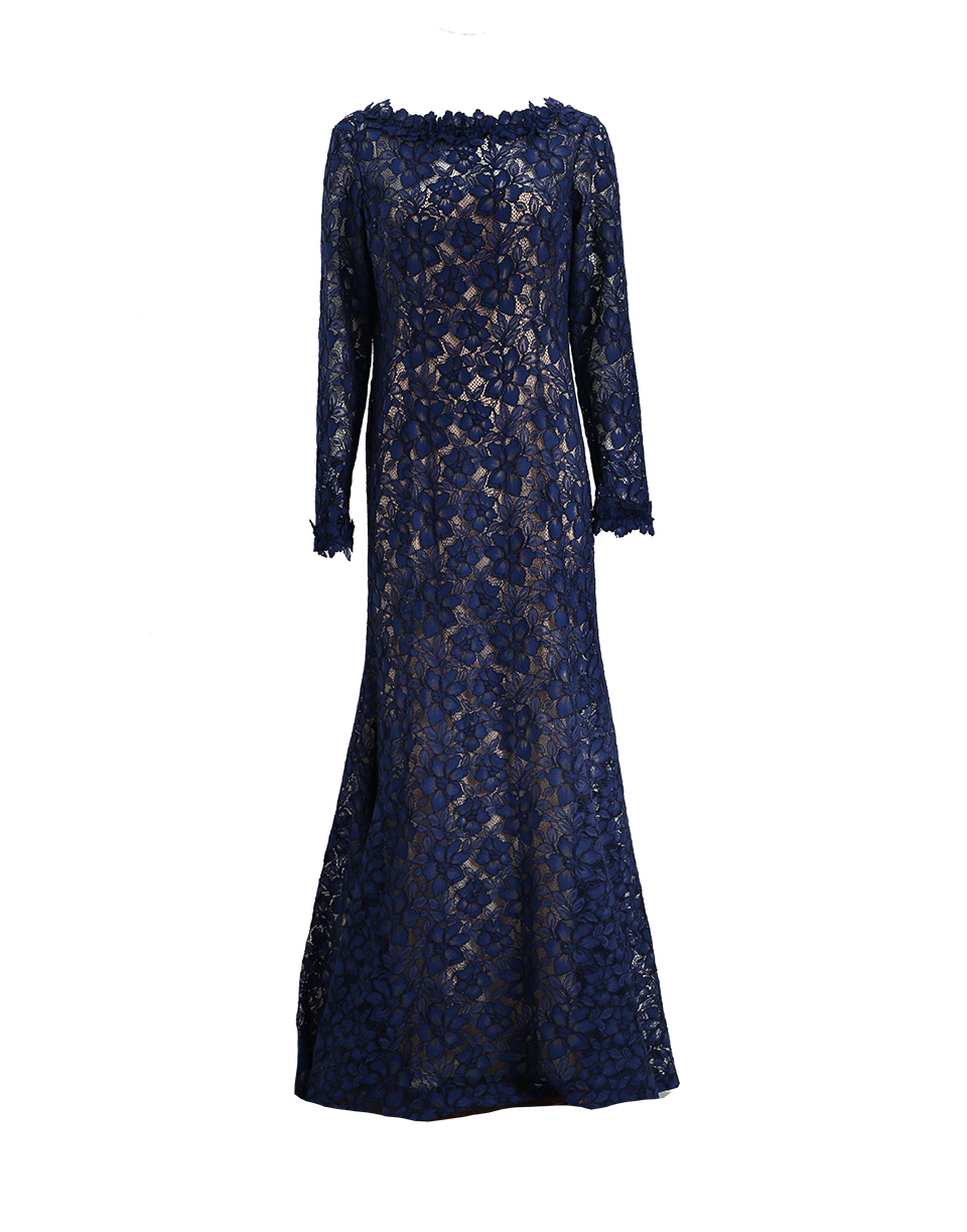 OSCAR DE LA RENTA-Floral Applique Lace Gown-