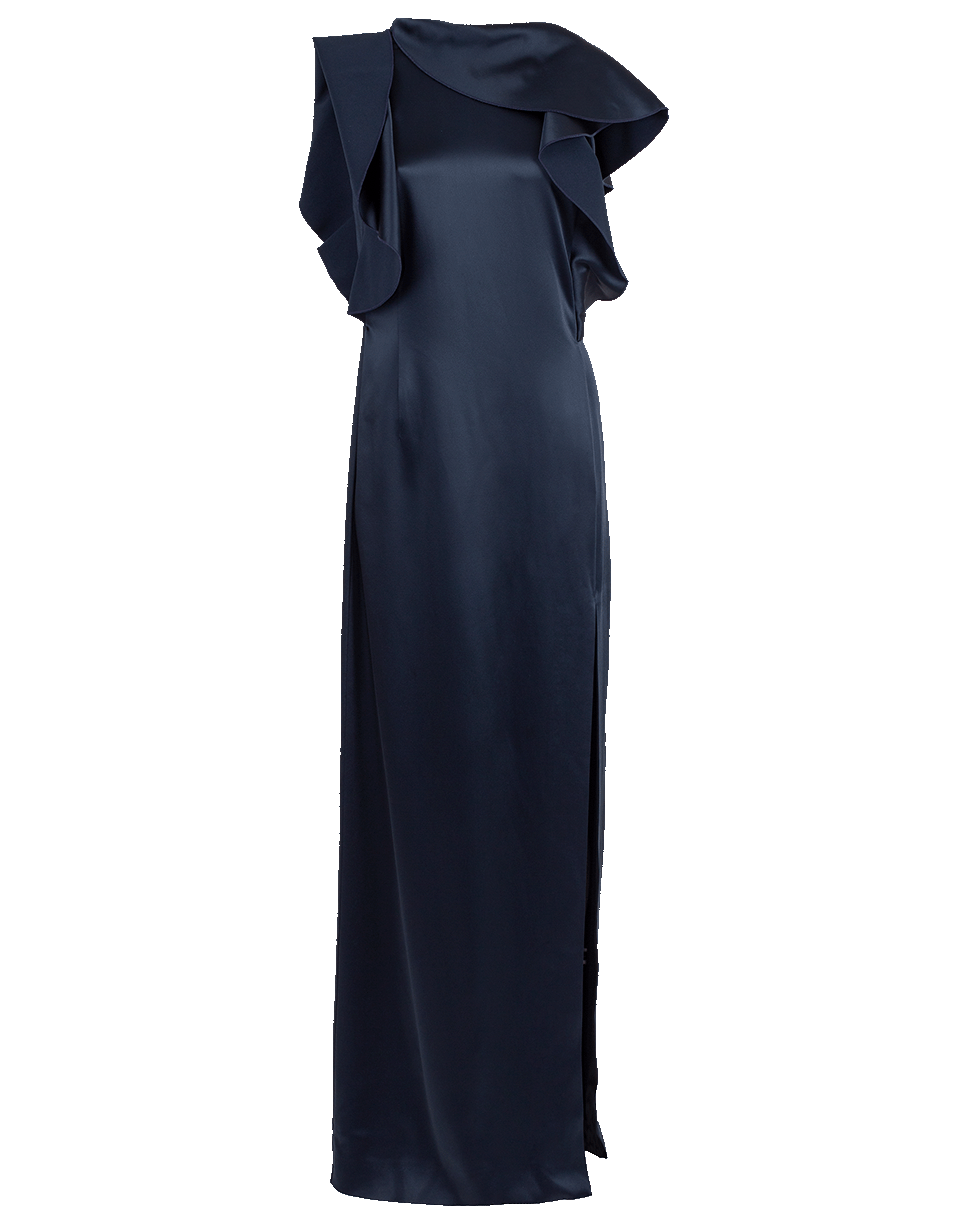 OSCAR DE LA RENTA-Ruffle Satin Gown-NAVY