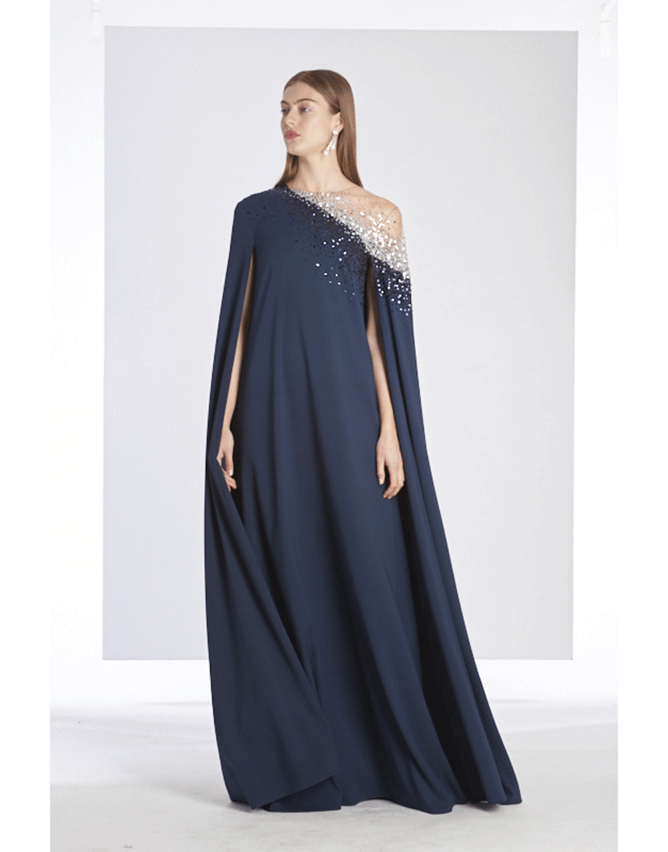 OSCAR DE LA RENTA-Sequin Caftan Gown-NVY/SLVR