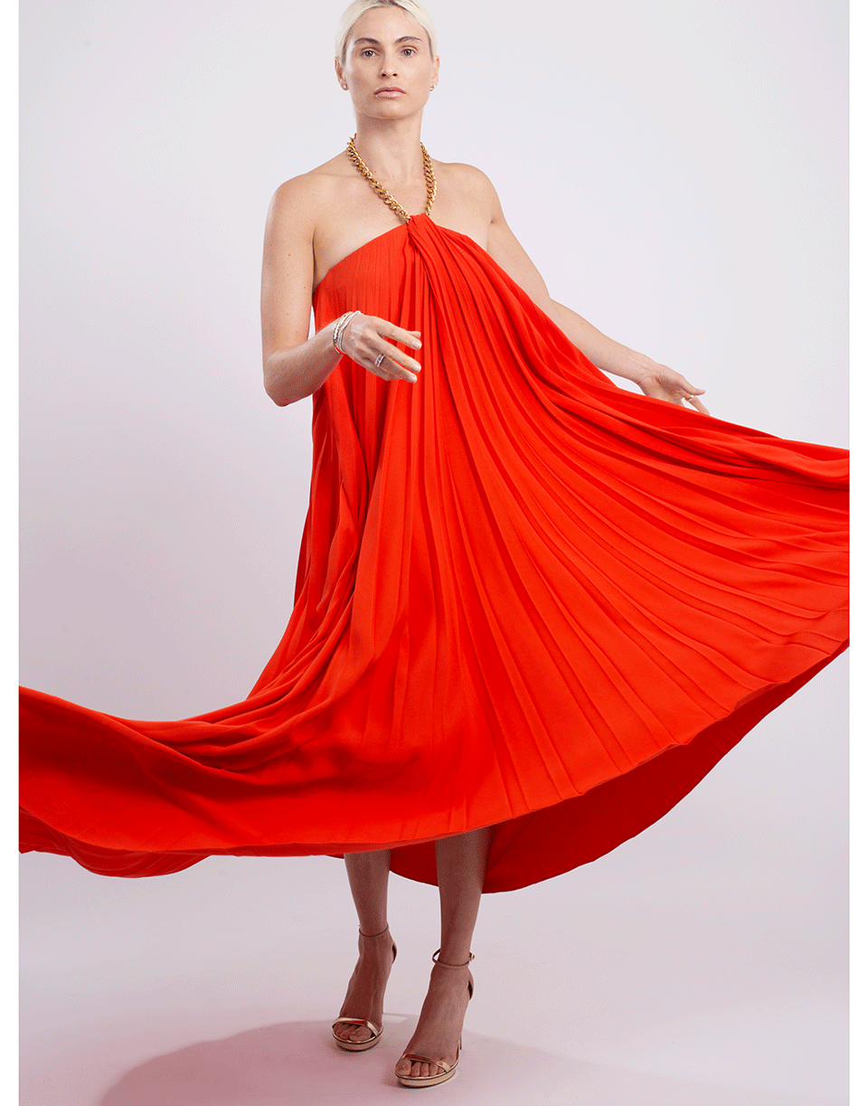 OSCAR DE LA RENTA-Chain Halter Neck Pleated Gown-