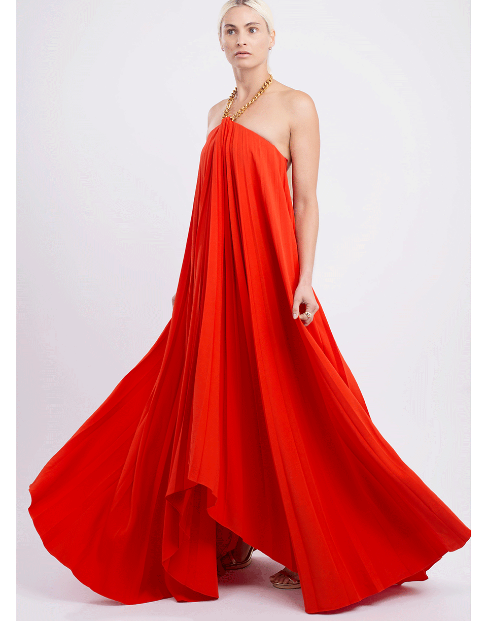 OSCAR DE LA RENTA-Chain Halter Neck Pleated Gown-