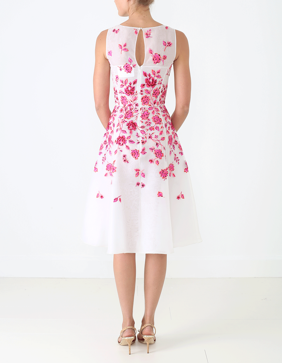 OSCAR DE LA RENTA-Floral Embroidered Organza Dress-WHT/FUCH