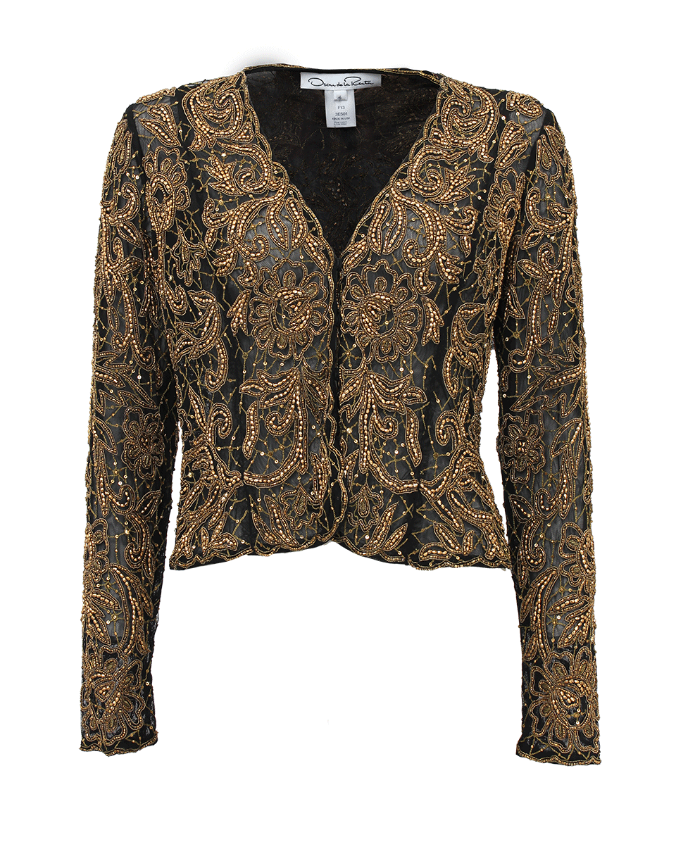 OSCAR DE LA RENTA-Long Sleeve Embroidered Beaded Jacket-GOLD
