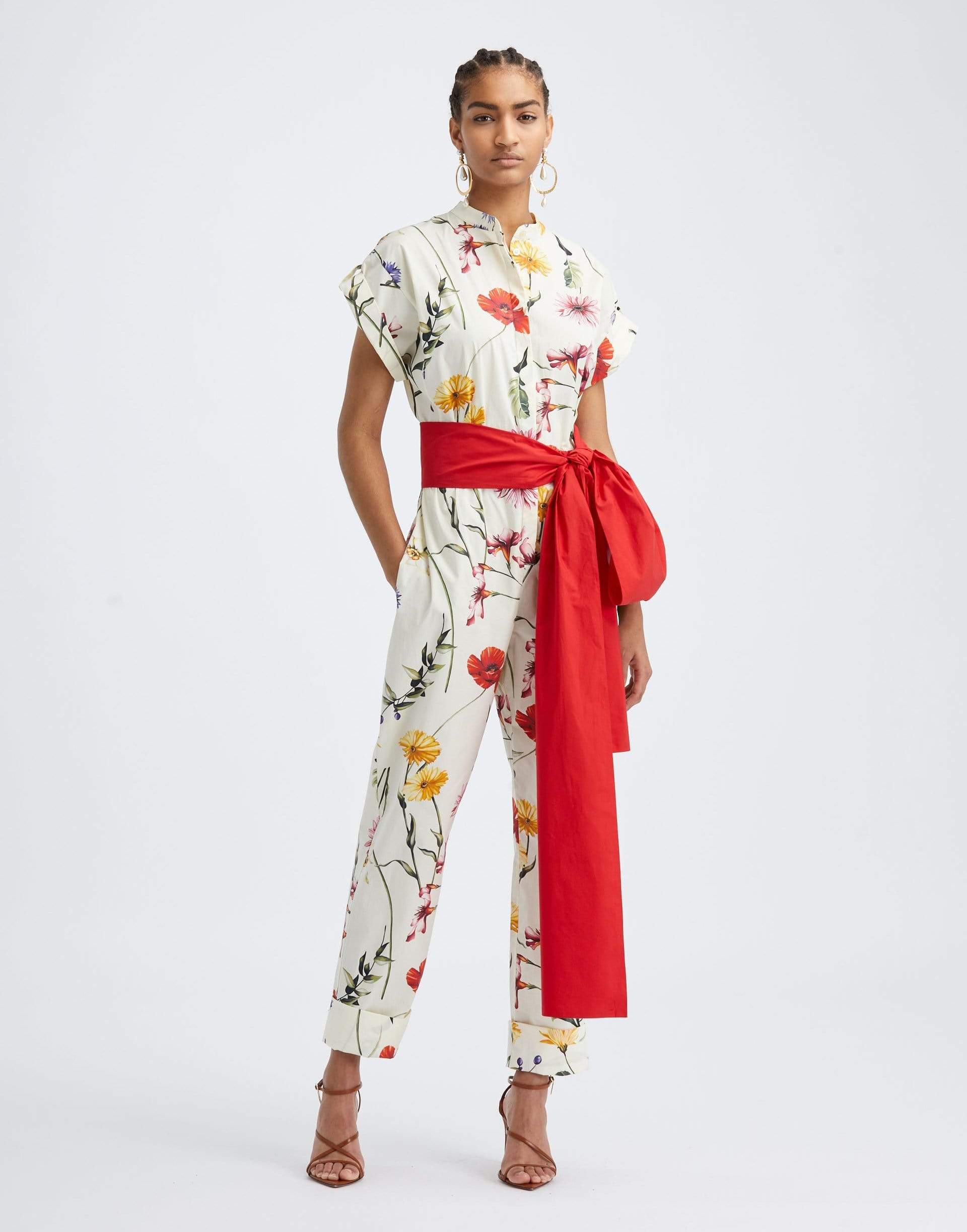 OSCAR DE LA RENTA-Ecru Floral Print Belted Jumpsuit-