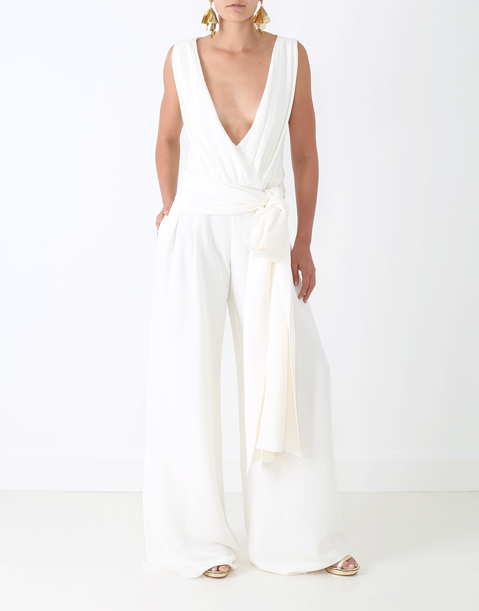OSCAR DE LA RENTA-Sash Belt Jumpsuit-WHITE
