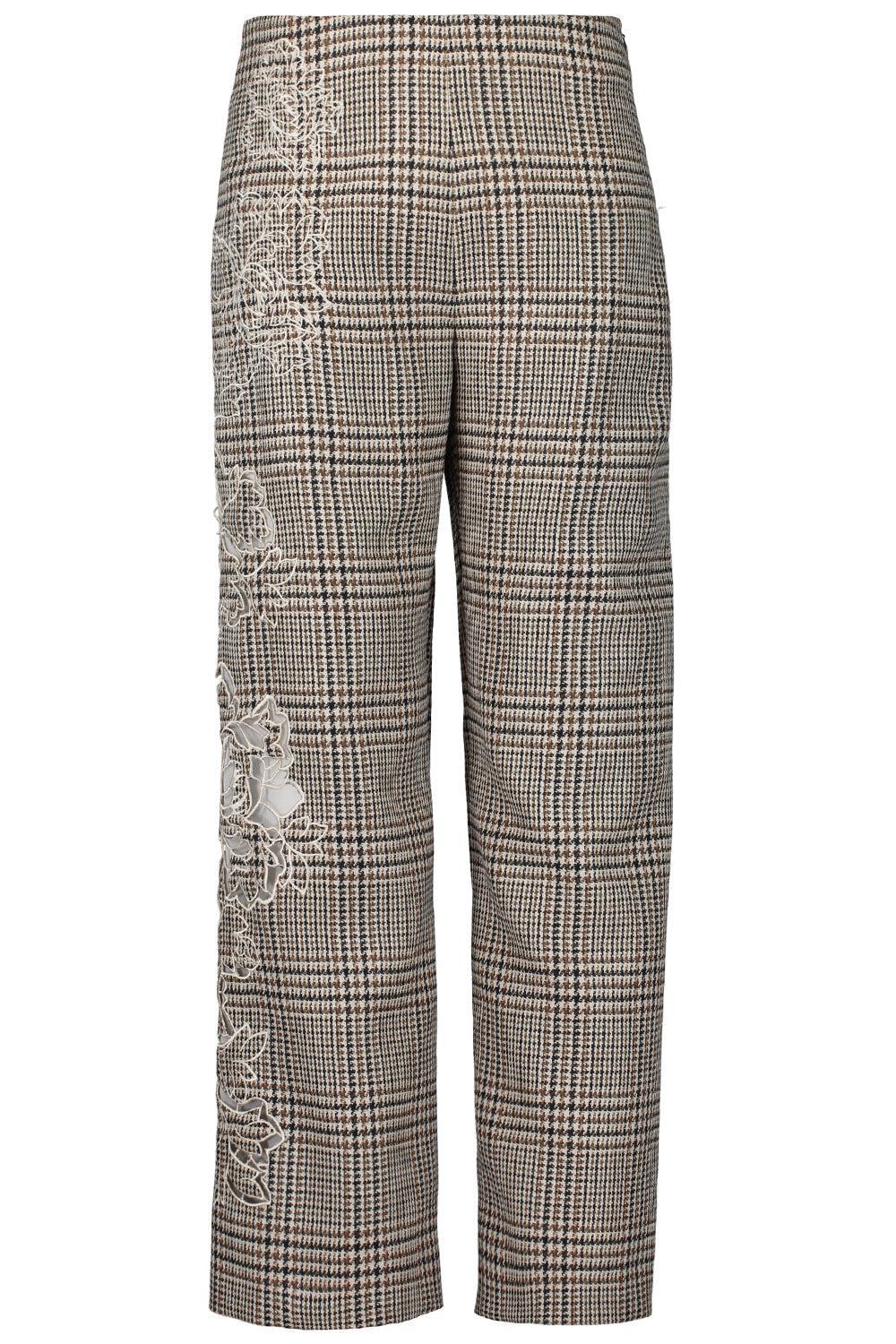 OSCAR DE LA RENTA-Peony Appliqué Plaid Pant-COCOAMLT