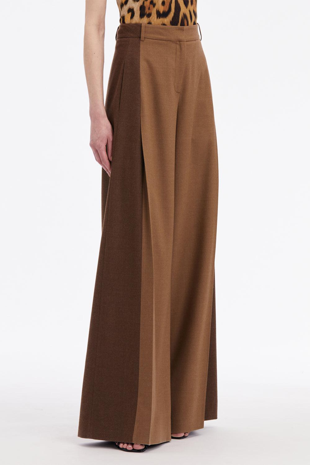 OSCAR DE LA RENTA-Mixed Pleated Wide-Leg Pants-CAFE