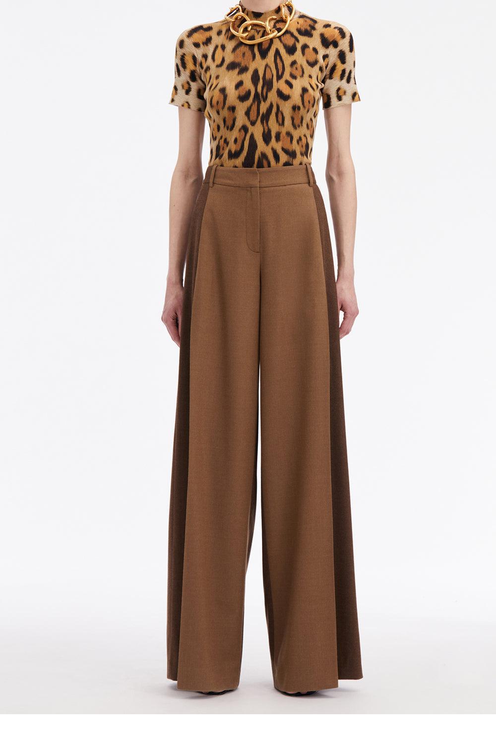 OSCAR DE LA RENTA-Mixed Pleated Wide-Leg Pants-CAFE
