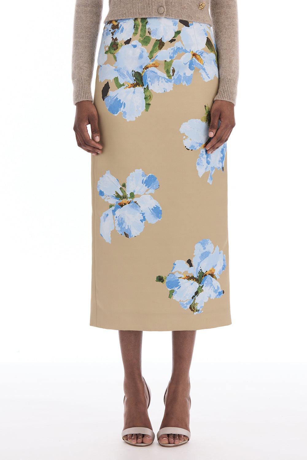 Watercolor Iris Satin Pencil Skirt-BROWN-2-CLOTHINGSKIRTMIDI-OSCAR DE LA RENTA