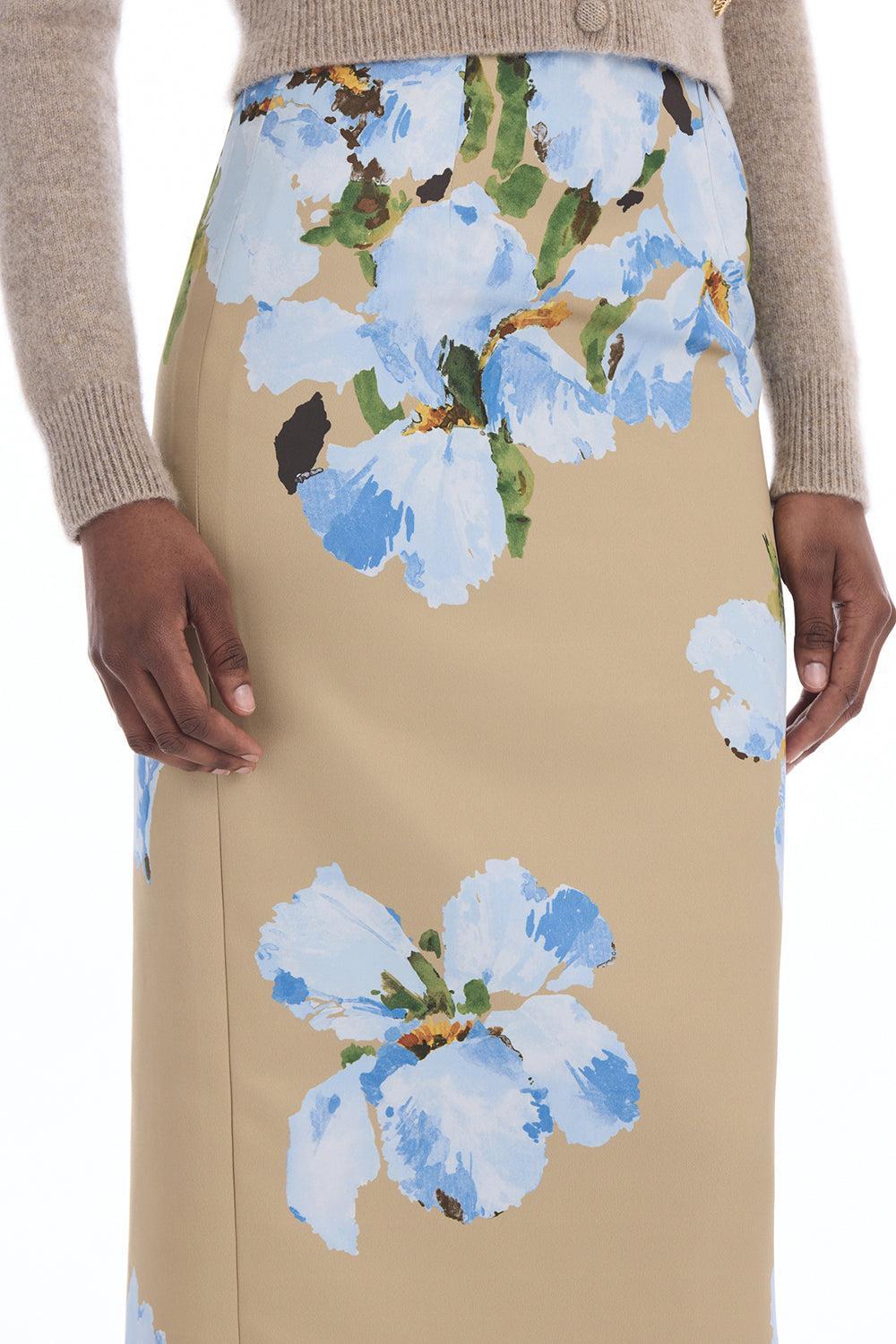  Watercolor Iris Satin Pencil Skirt-BROWN-2-CLOTHINGSKIRTMIDI-OSCAR DE LA RENTA 