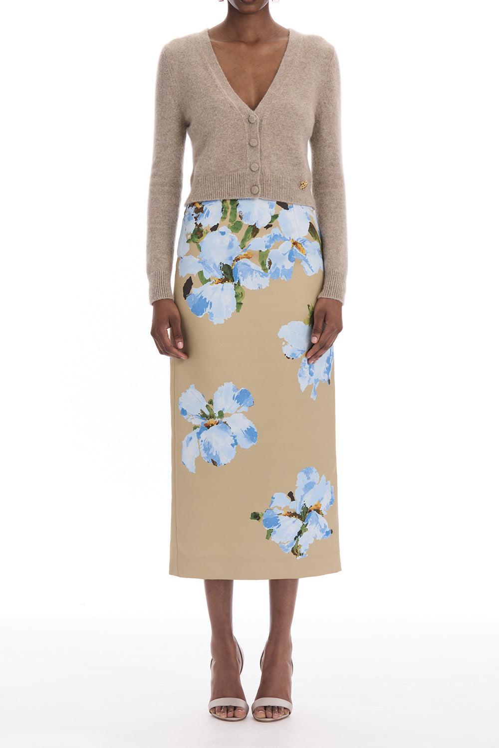  Watercolor Iris Satin Pencil Skirt-BROWN-2-CLOTHINGSKIRTMIDI-OSCAR DE LA RENTA 