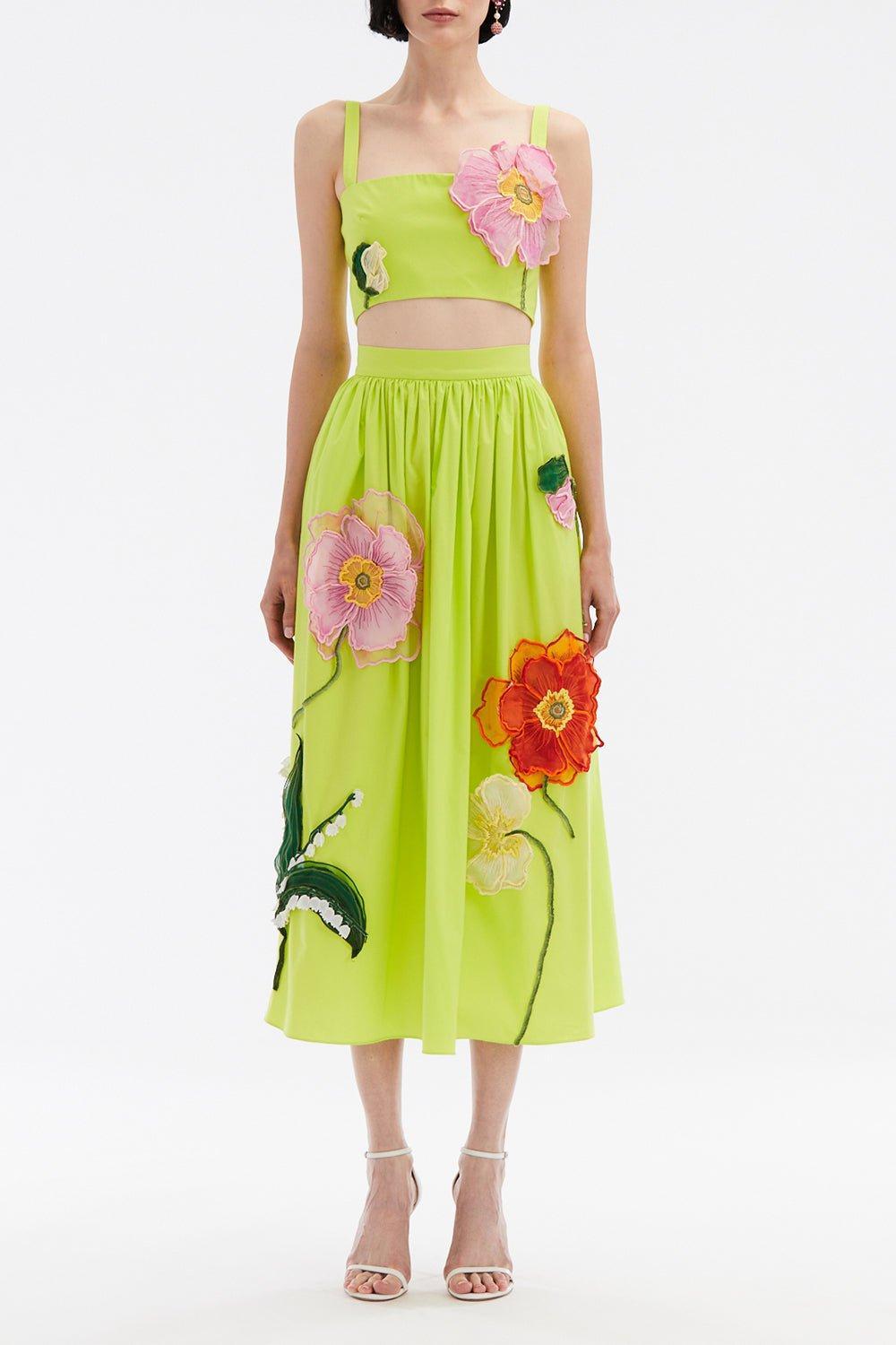 OSCAR DE LA RENTA-Painted Poppies Embroidered Skirt-