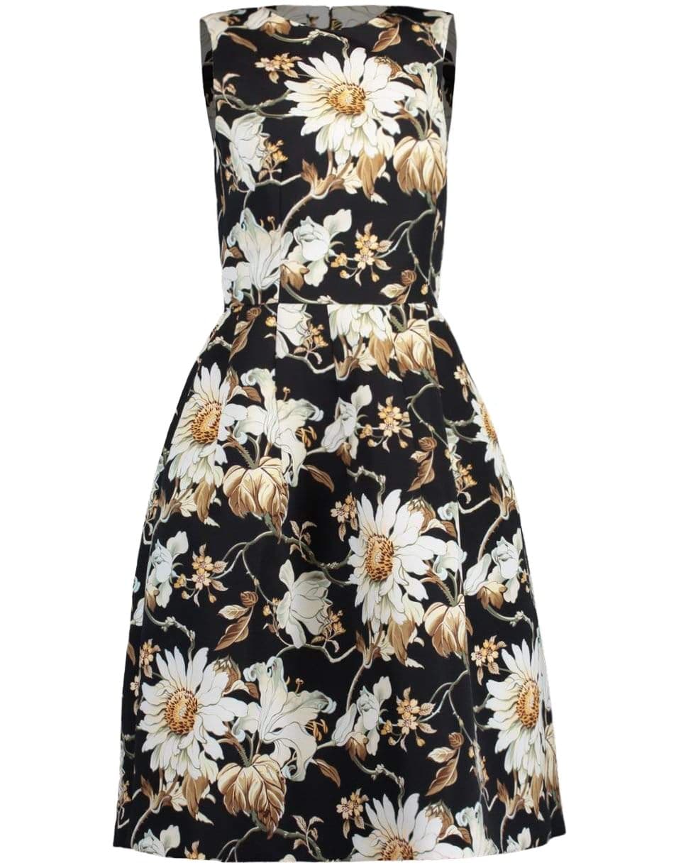 OSCAR DE LA RENTA-Sleeveless Full Skirt Print Midi Dress-BLACK