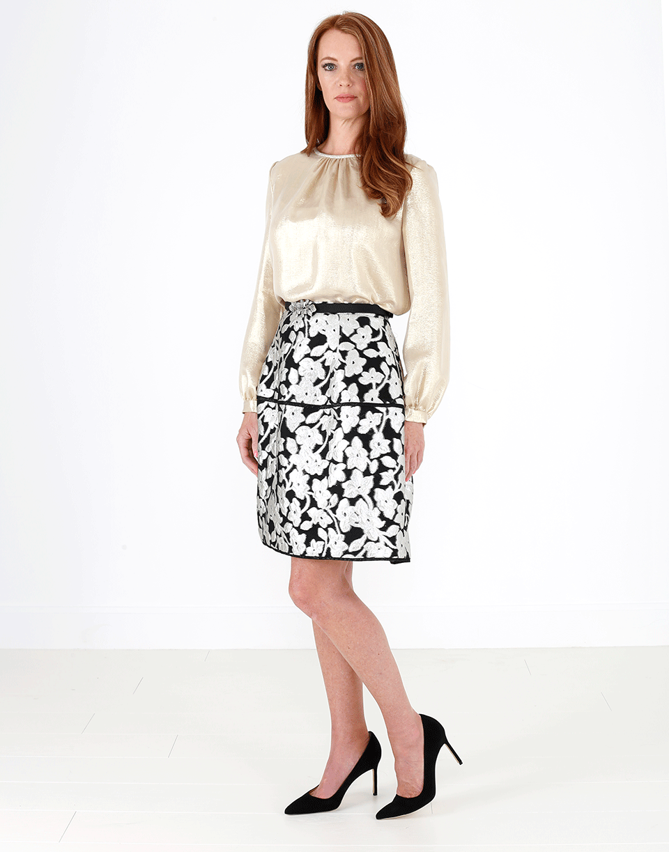 OSCAR DE LA RENTA-Fil Coupe Floral Skirt-BLK/SLVR