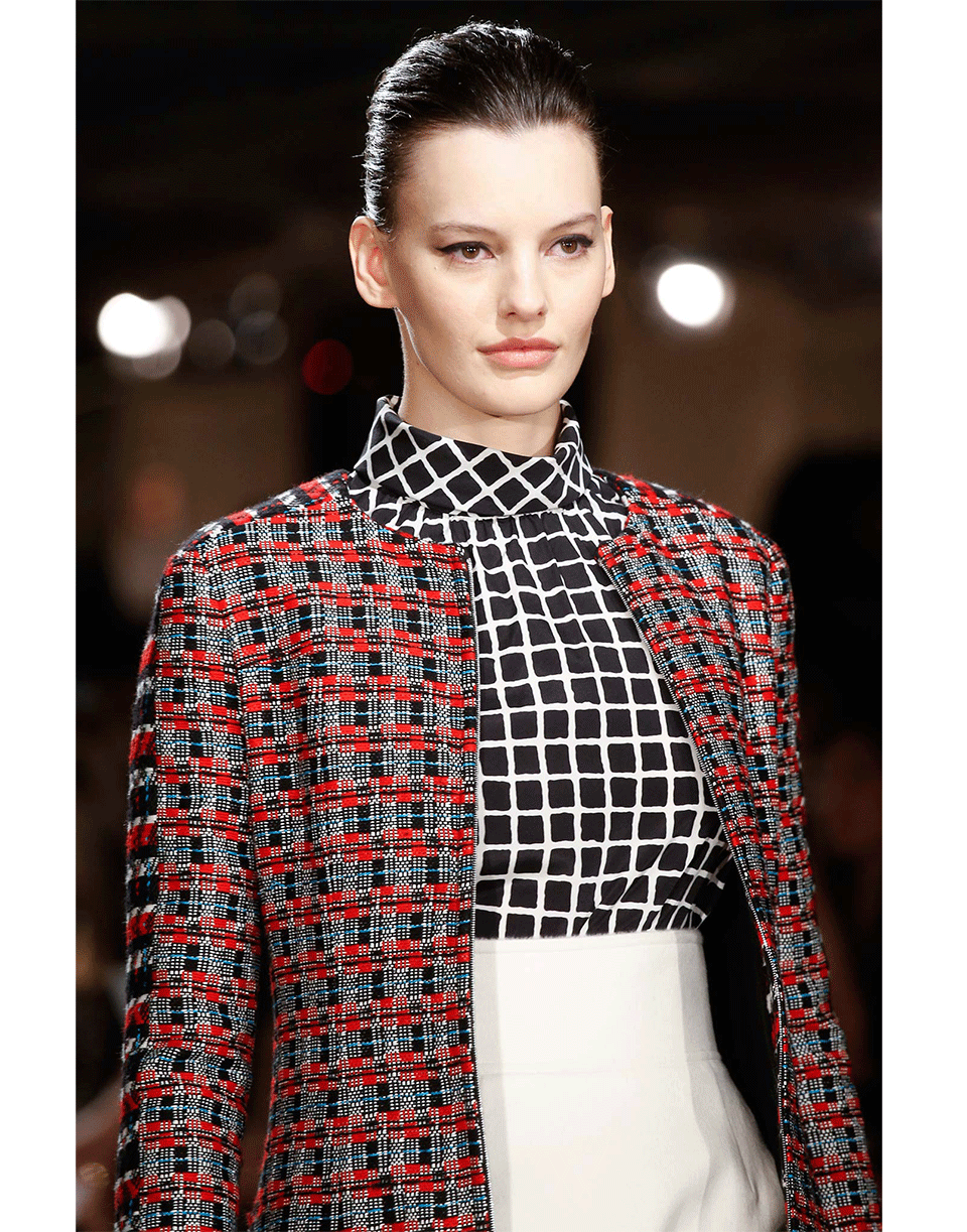 OSCAR DE LA RENTA-High Neck Window Pane Blouse-