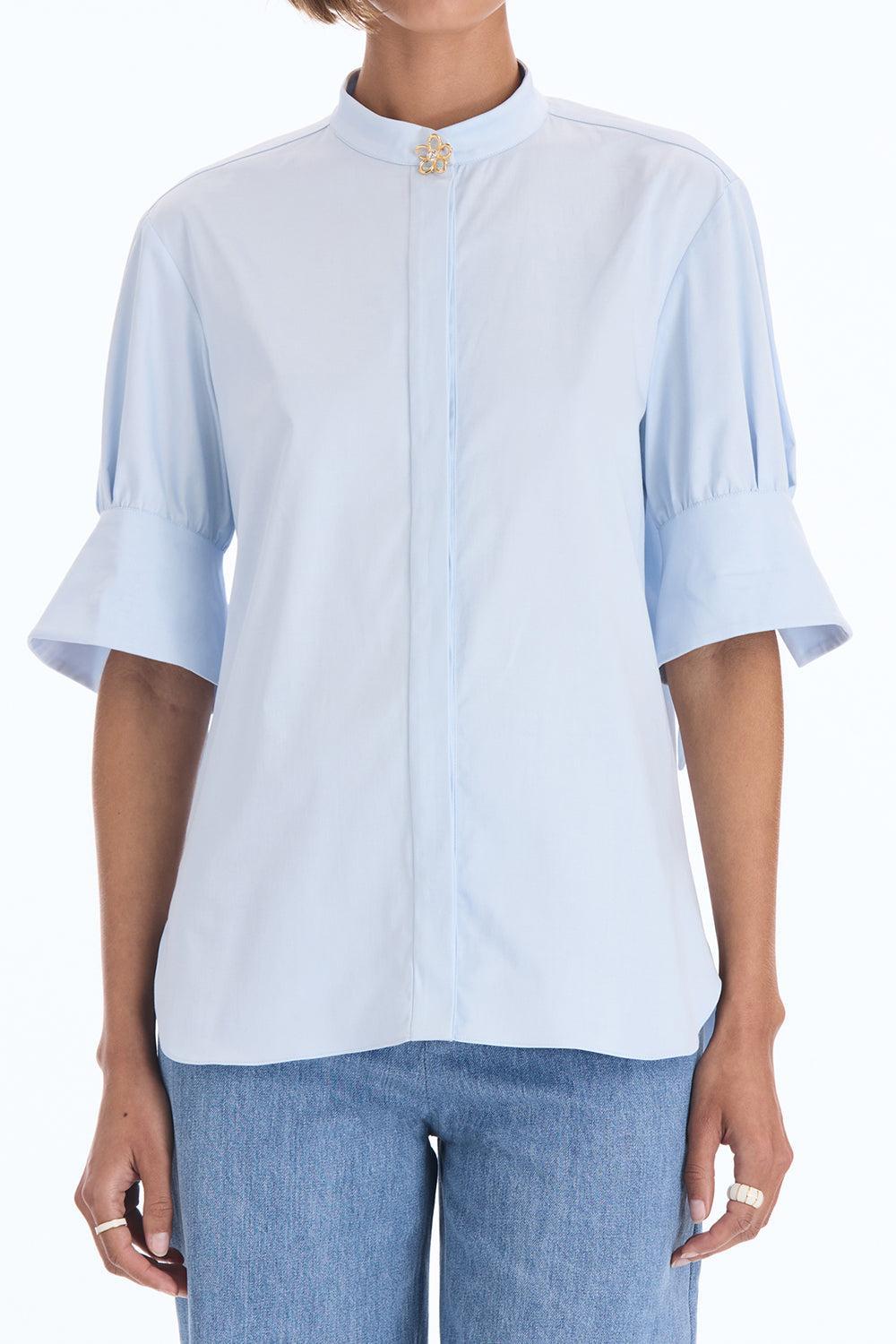 Short Sleeve Poplin Sateen Blouse-BLUE-2-CLOTHINGTOPBLOUSE-OSCAR DE LA RENTA
