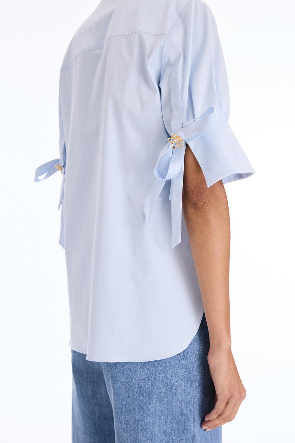 Short Sleeve Poplin Sateen Blouse-BLUE-2-CLOTHINGTOPBLOUSE-OSCAR DE LA RENTA
