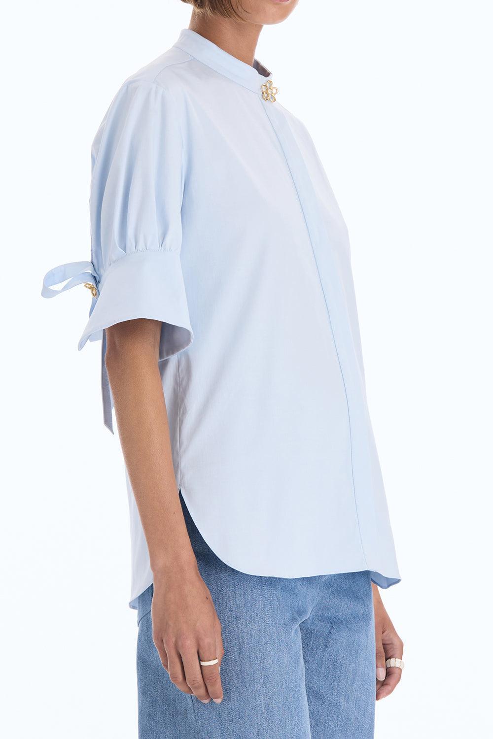 Short Sleeve Poplin Sateen Blouse-BLUE-2-CLOTHINGTOPBLOUSE-OSCAR DE LA RENTA