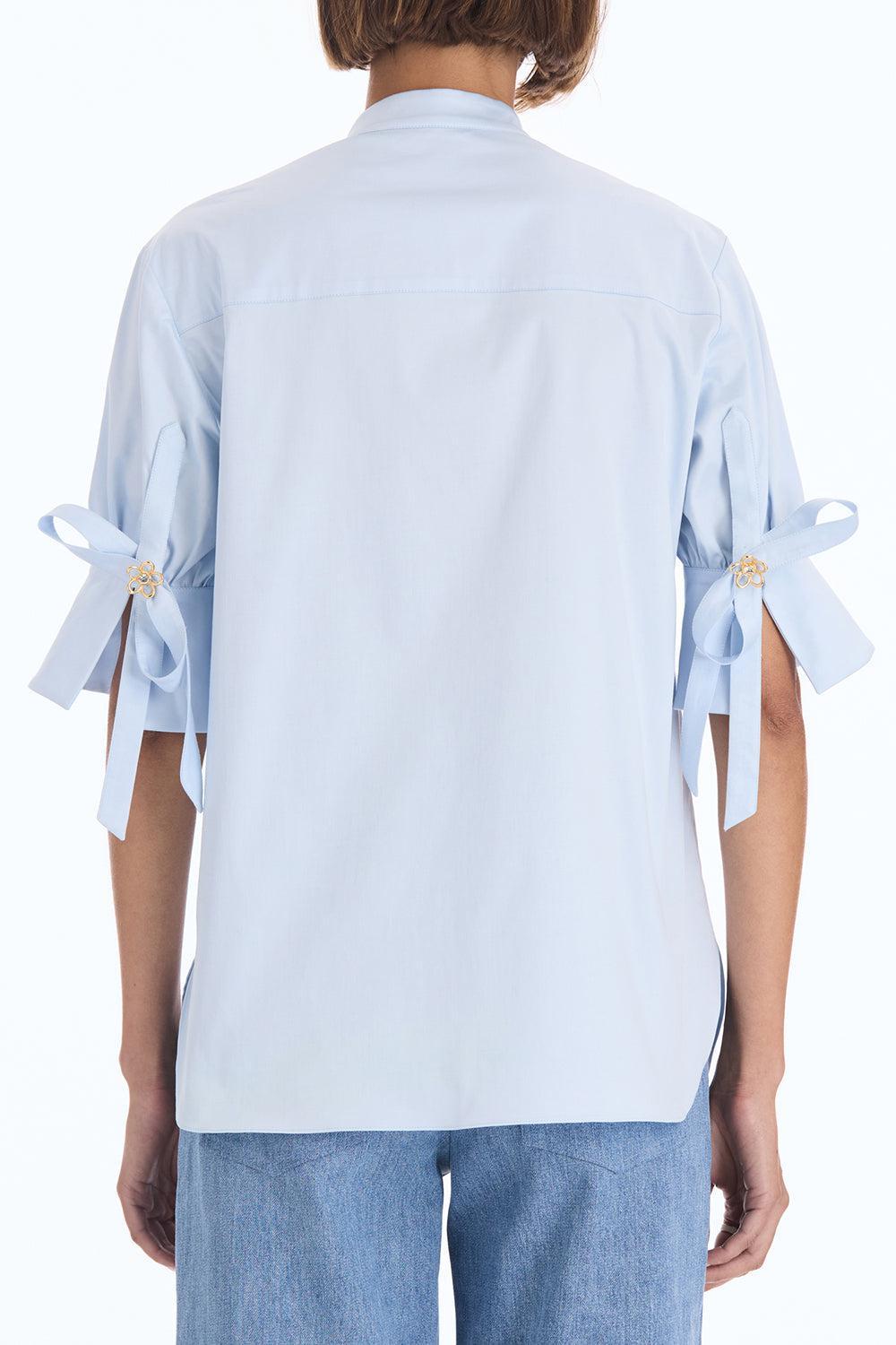 Short Sleeve Poplin Sateen Blouse-BLUE-2-CLOTHINGTOPBLOUSE-OSCAR DE LA RENTA 