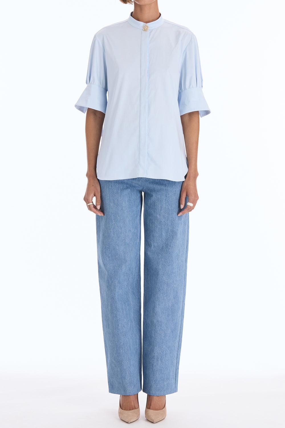  Short Sleeve Poplin Sateen Blouse-BLUE-2-CLOTHINGTOPBLOUSE-OSCAR DE LA RENTA 