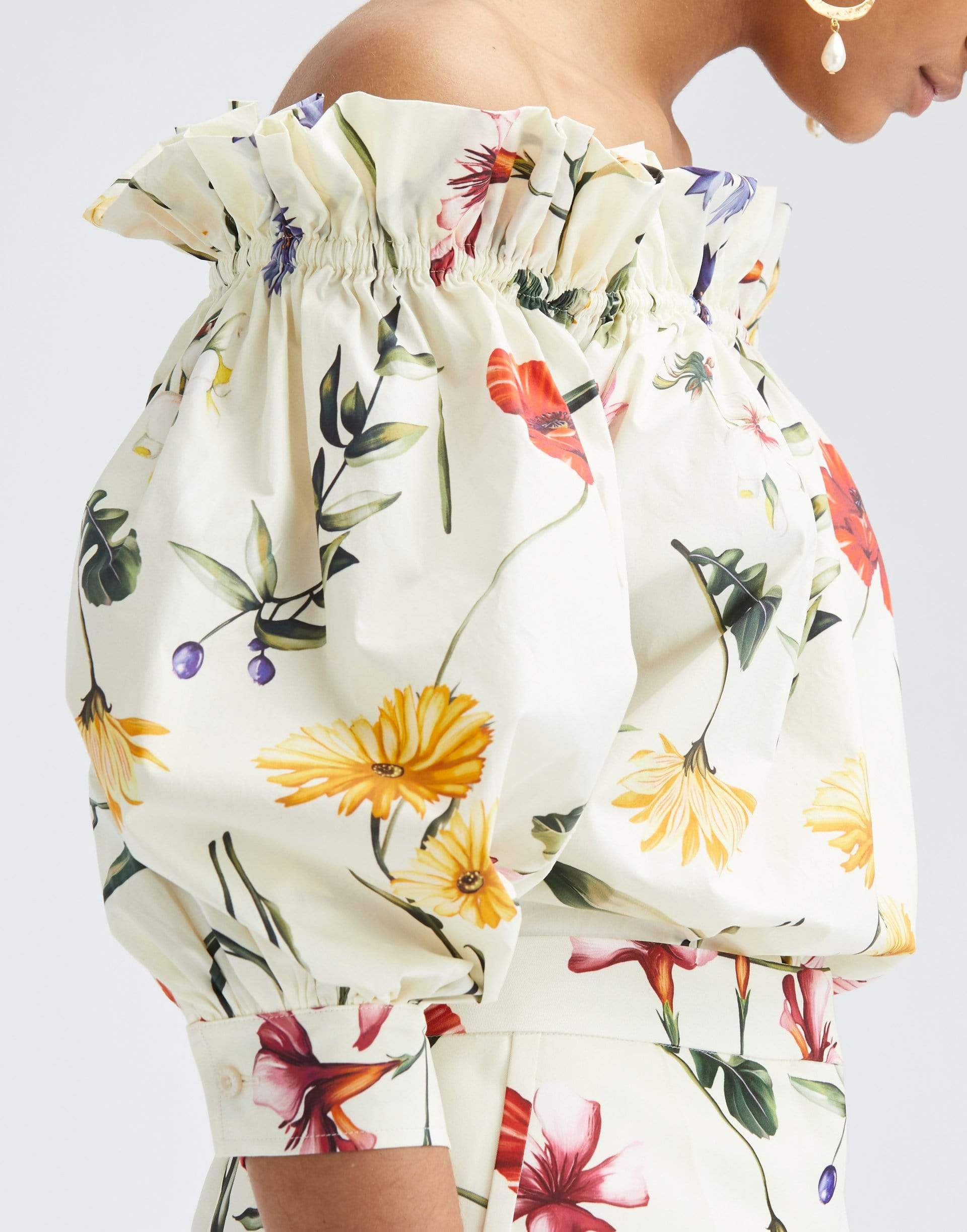 OSCAR DE LA RENTA-Off Shoulder Short Sleeve Floral Blouse-