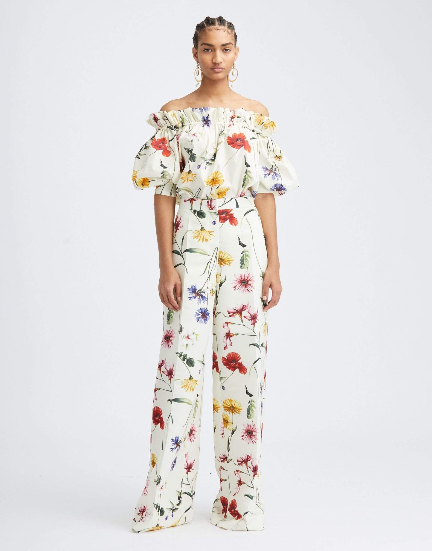 OSCAR DE LA RENTA-Off Shoulder Short Sleeve Floral Blouse-