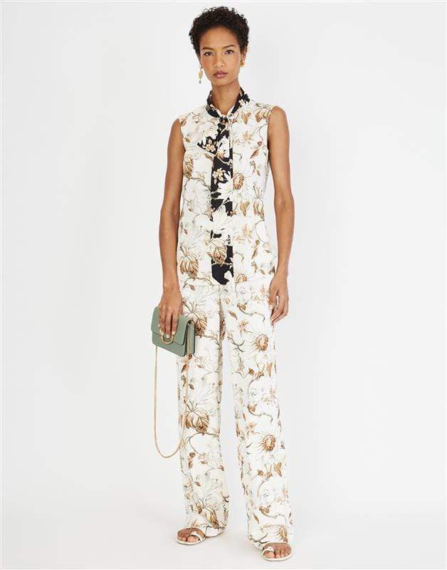 OSCAR DE LA RENTA-Ivory Sleeveless Neck Tie Printed Blouse-