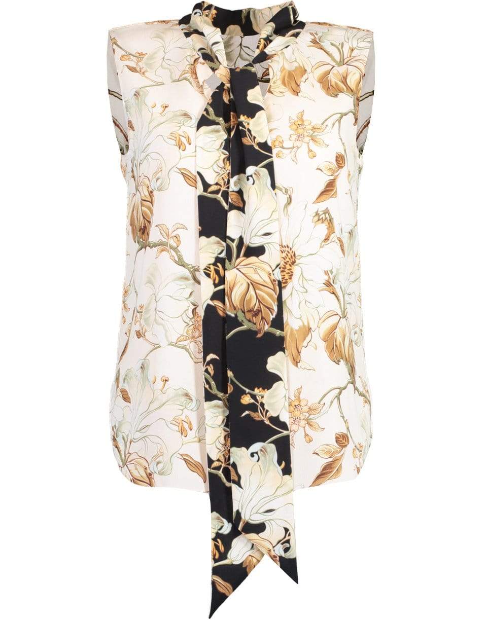 OSCAR DE LA RENTA-Ivory Sleeveless Neck Tie Printed Blouse-