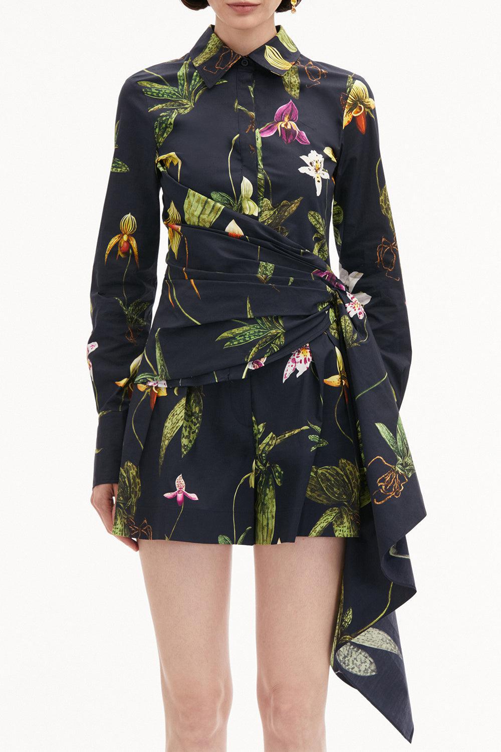 OSCAR DE LA RENTA-Long Sleeve Orchid Draped Blouse-