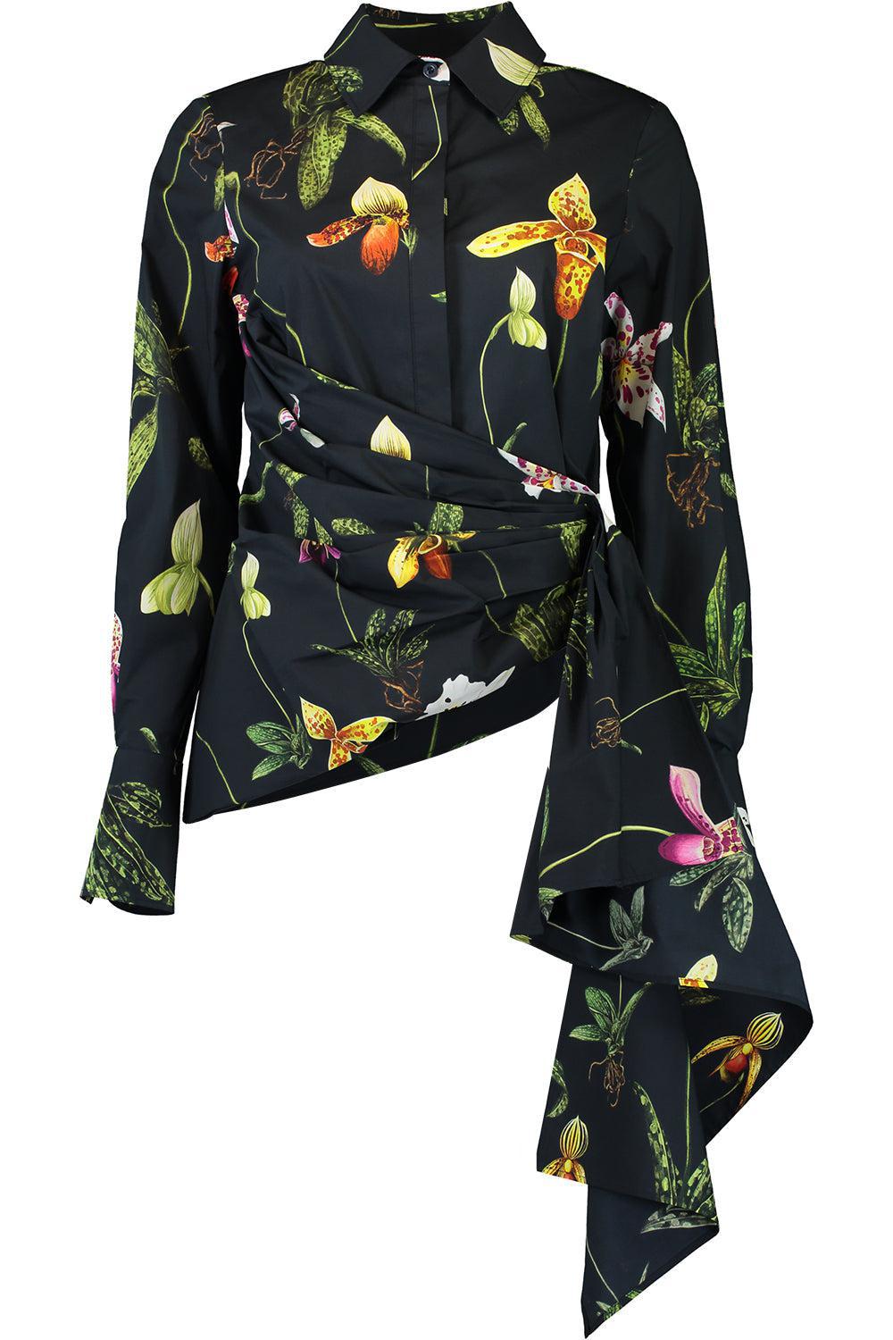OSCAR DE LA RENTA-Long Sleeve Orchid Draped Blouse-