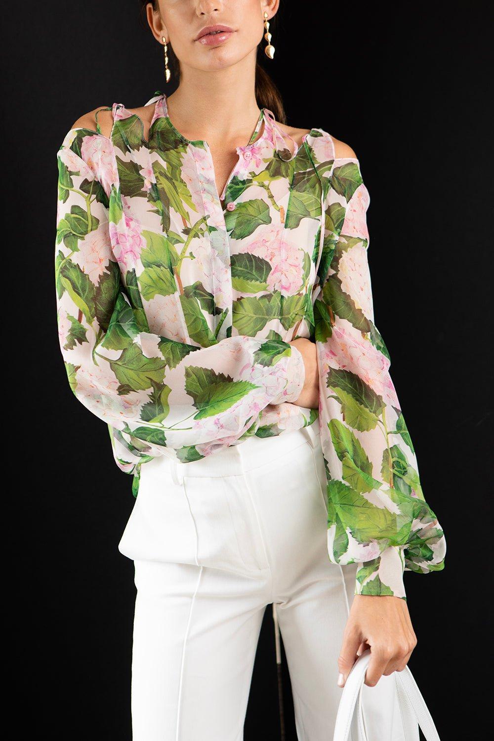 OSCAR DE LA RENTA-Tie Neck Hydrangea Blouse-