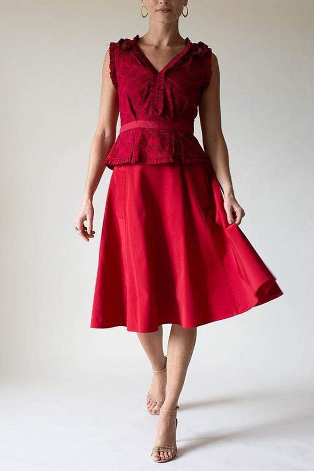 OSCAR DE LA RENTA-Sleeveless Cut Out Strap V-Neck Top-RED