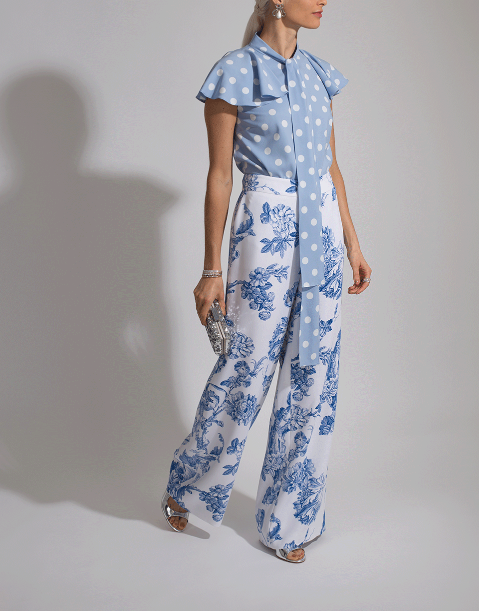 OSCAR DE LA RENTA-Flutter Sleeve Tie Neck Polka Dot Blouse-