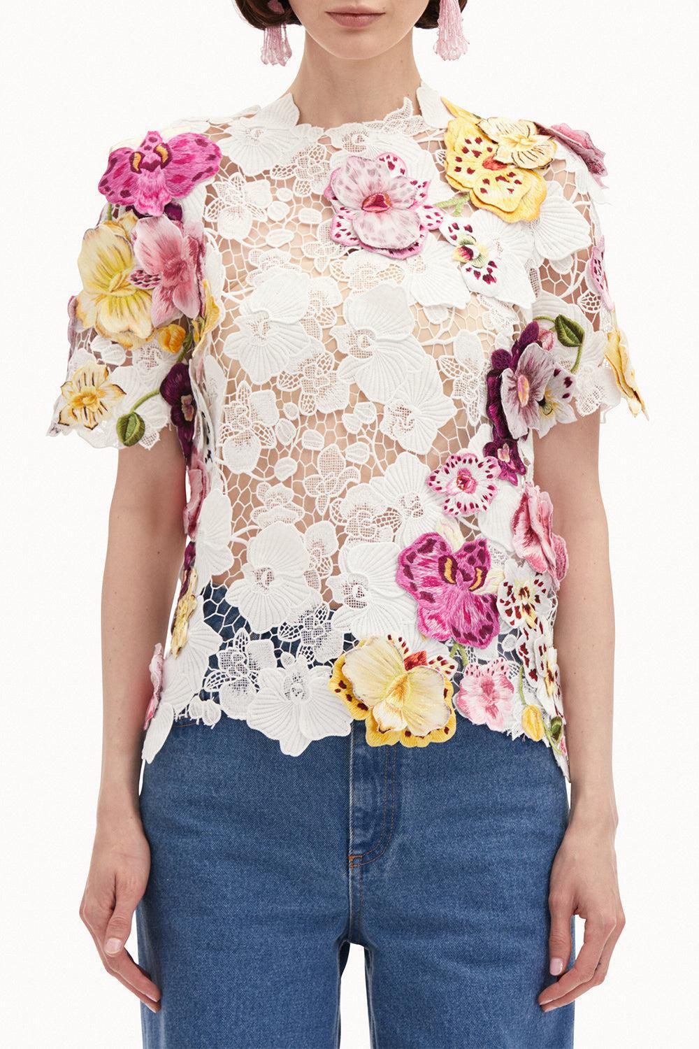 Short Sleeve Orchid Threadwork Blouse-WHITE-4-CLOTHINGTOPBLOUSE-OSCAR DE LA RENTA