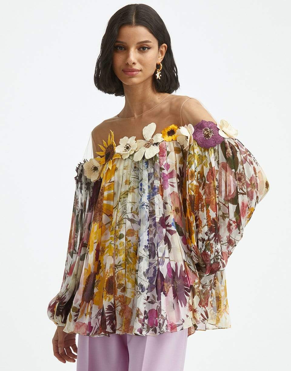 OSCAR DE LA RENTA-Flower Embroidered Chiffon Blouse-