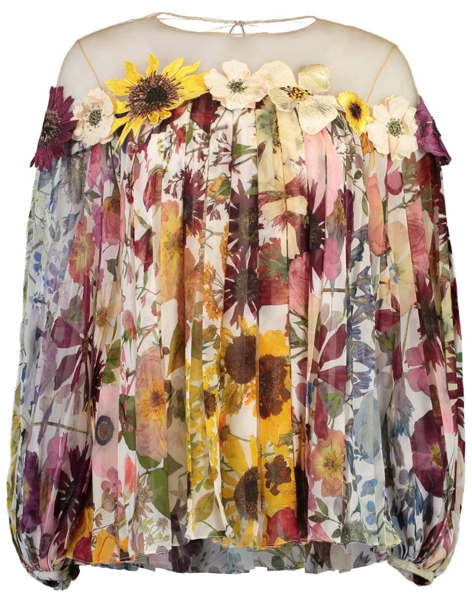OSCAR DE LA RENTA-Flower Embroidered Chiffon Blouse-