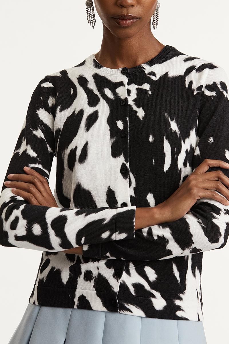 Cow Inset Cardigan-BLACK/IVORY-XS-CLOTHINGTOPCARDIGAN-OSCAR DE LA RENTA