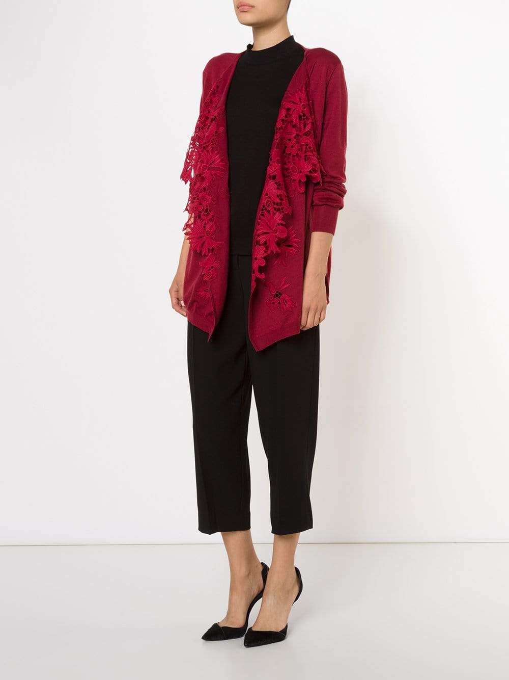 OSCAR DE LA RENTA-Draped Lace Front Cardigan-CLARET