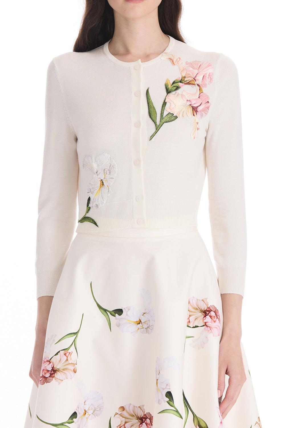  Embroidered Crysanthemum Cardigan-CREAM-XS-CLOTHINGTOPCARDIGAN-OSCAR DE LA RENTA 