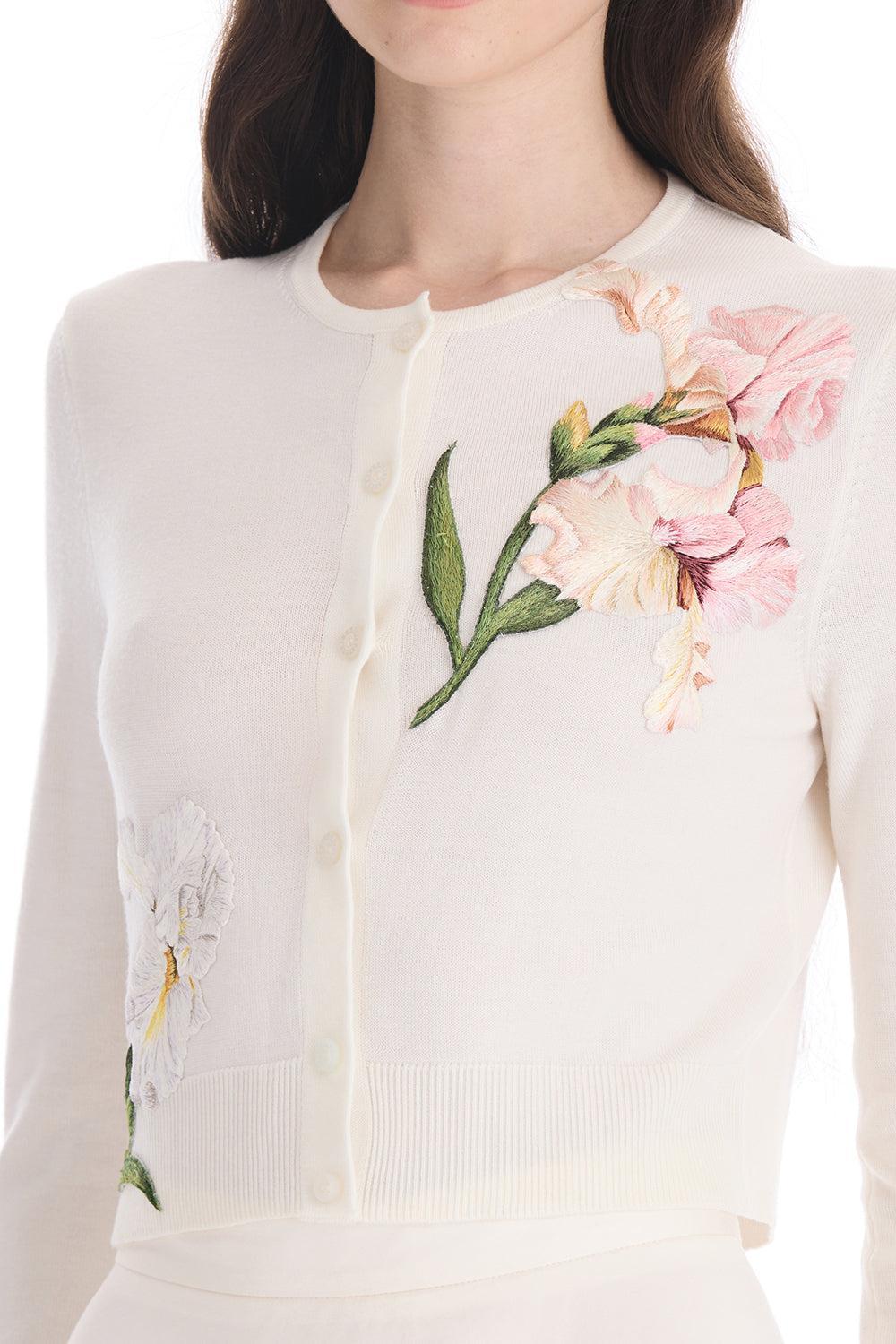 Embroidered Crysanthemum Cardigan-CREAM-XS-CLOTHINGTOPCARDIGAN-OSCAR DE LA RENTA