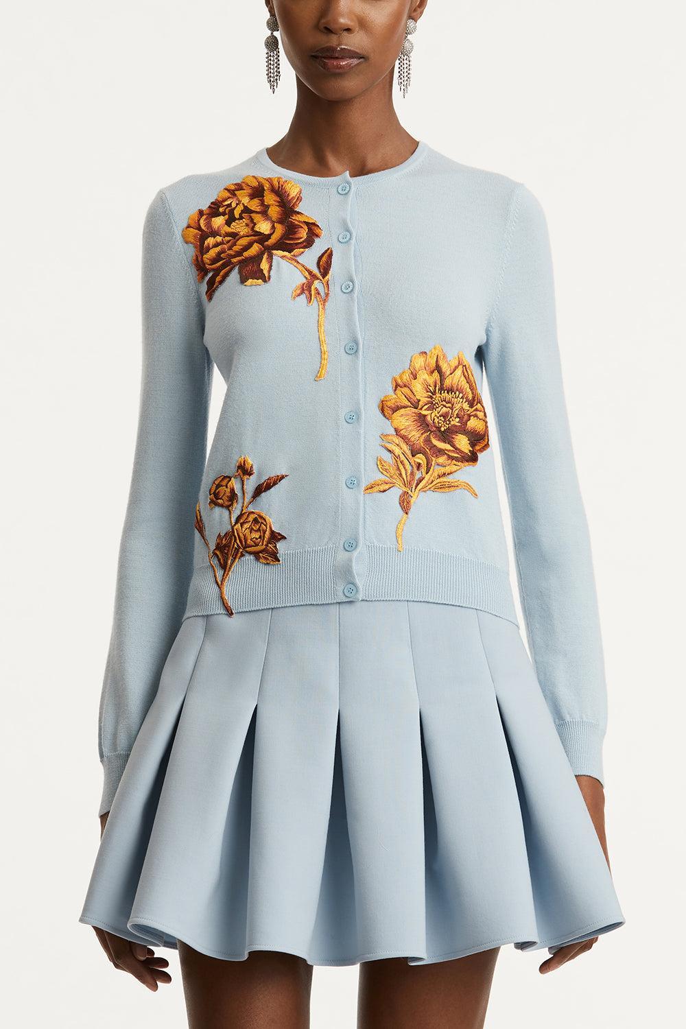 Tonal Peony Embroidered Cardigan-ICY BLUE-S-CLOTHINGTOPCARDIGAN-OSCAR DE LA RENTA