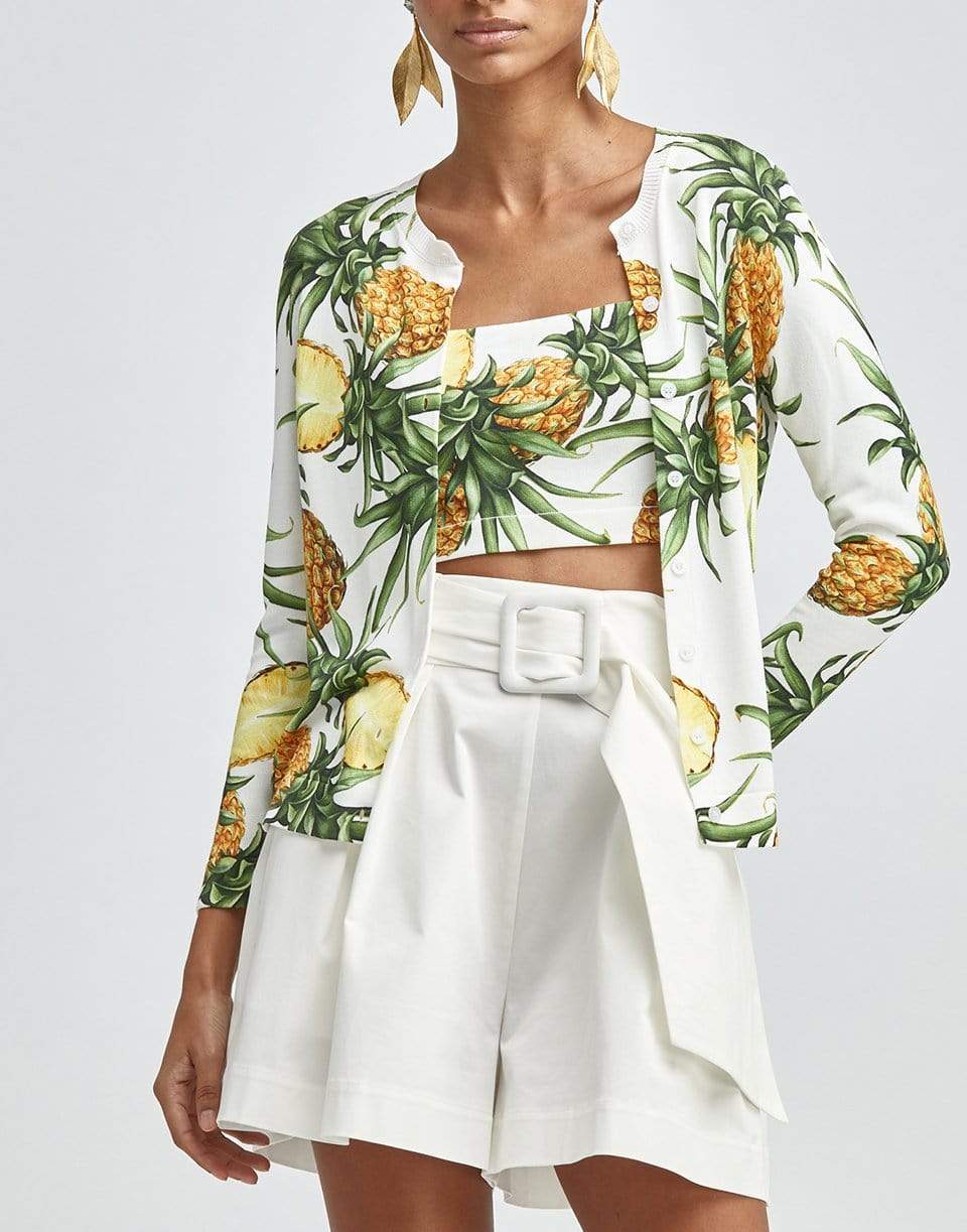 OSCAR DE LA RENTA-Pineapple Print Long Sleeve Crew Neck Cardigan-