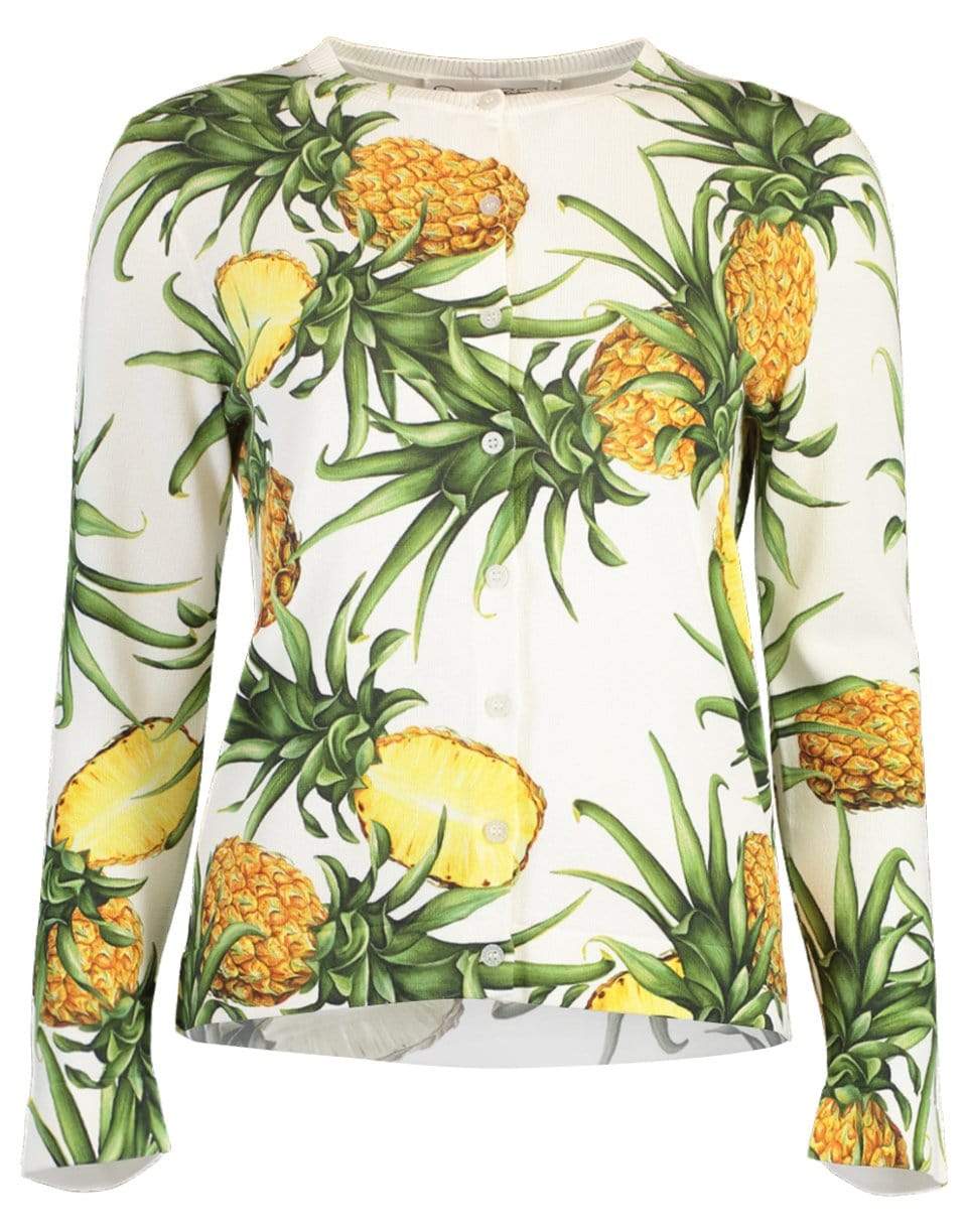 OSCAR DE LA RENTA-Pineapple Print Long Sleeve Crew Neck Cardigan-
