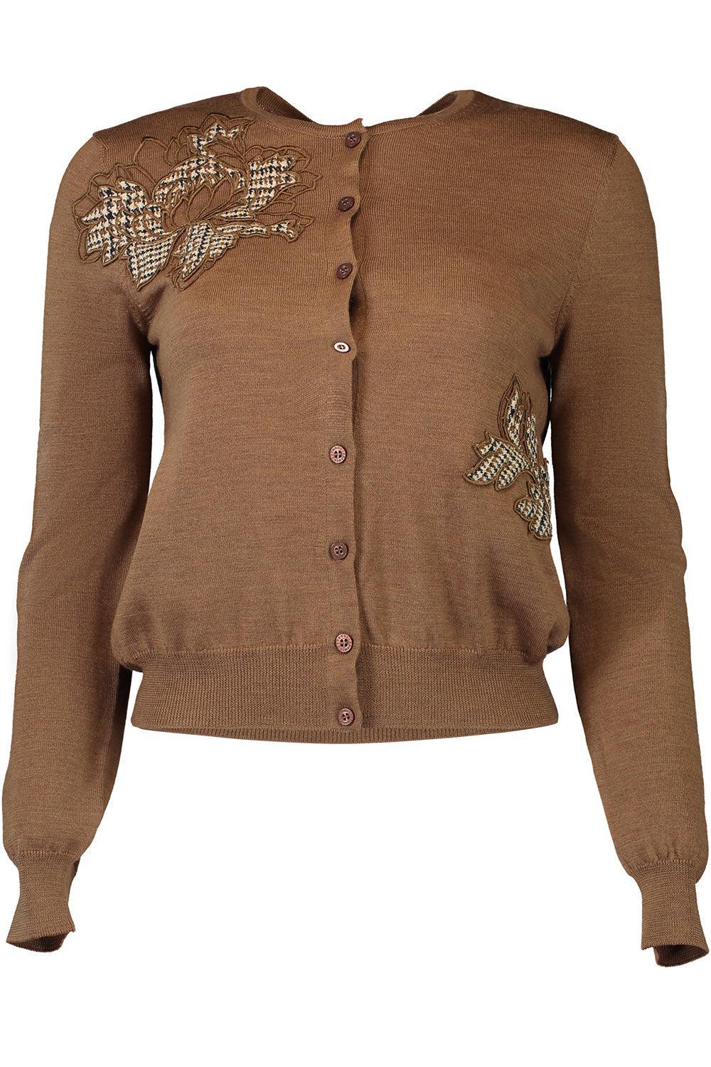 OSCAR DE LA RENTA-Peony Appliqué Plaid Cardigan-MOCHA