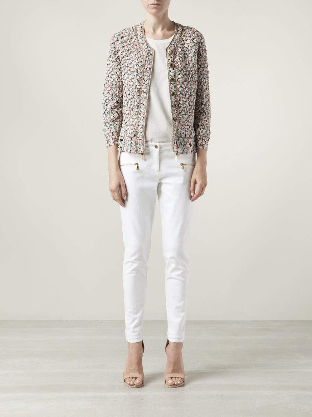 OSCAR DE LA RENTA-Quarter Sleeve Jewelneck Cardigan-MUL.TI