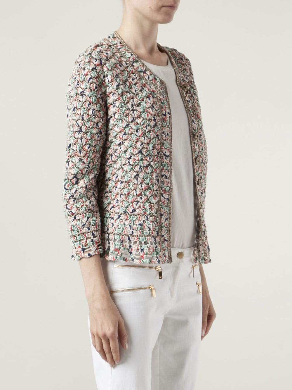 OSCAR DE LA RENTA-Quarter Sleeve Jewelneck Cardigan-MUL.TI