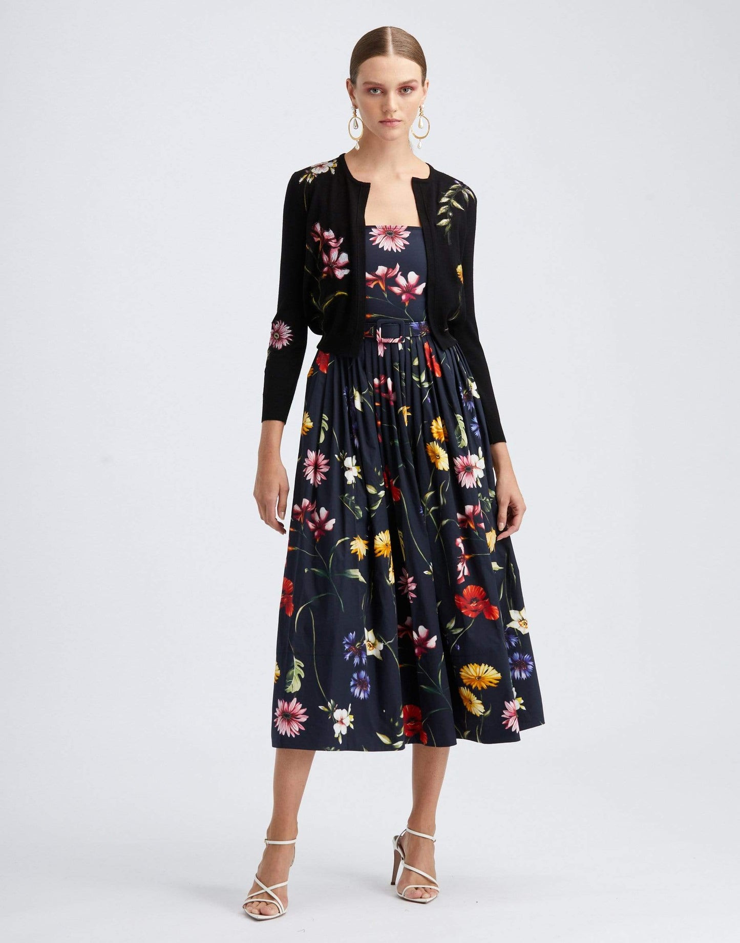 OSCAR DE LA RENTA-Navy Long Sleeve Floral Embroidered Cardigan-NAVY