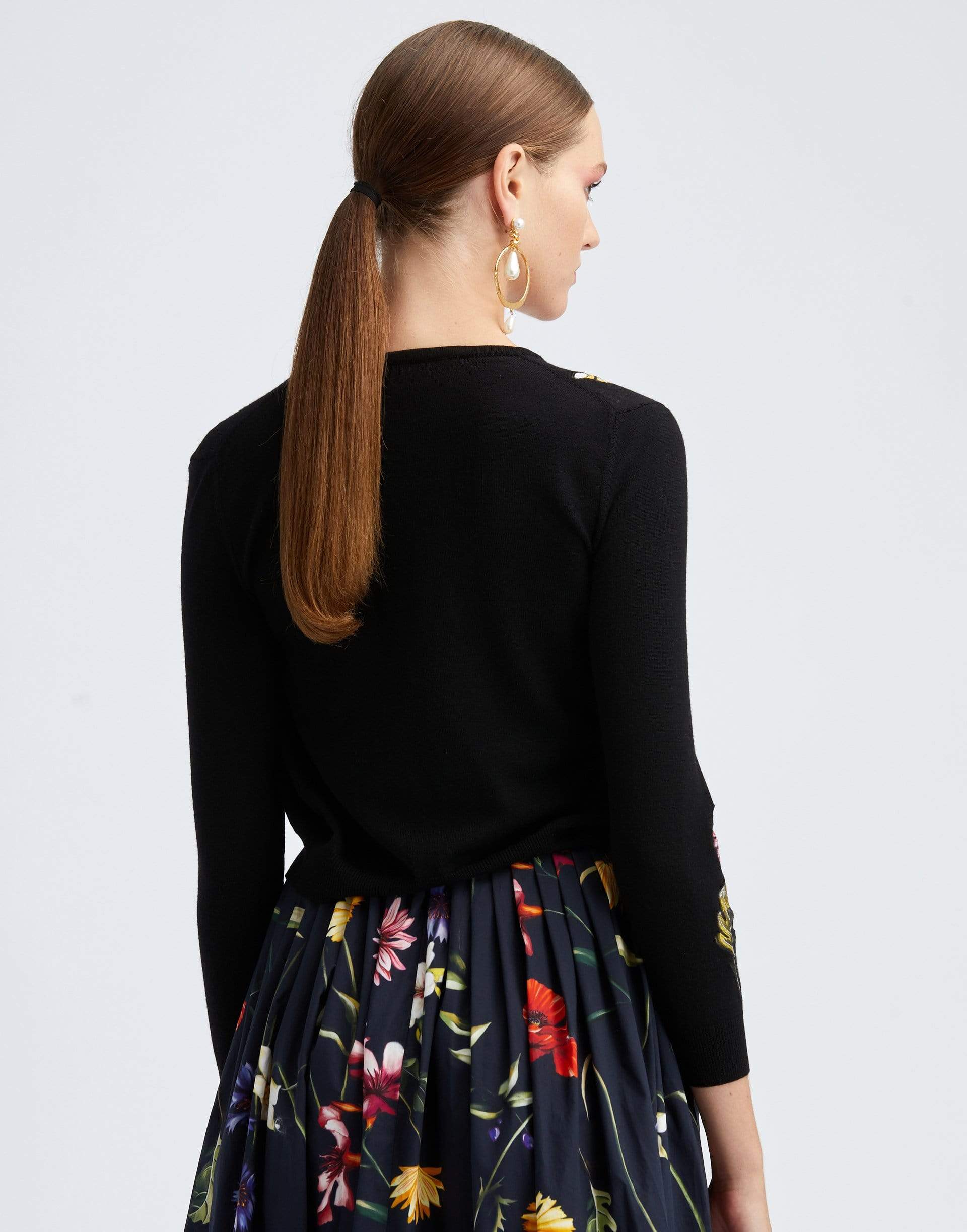 OSCAR DE LA RENTA-Navy Long Sleeve Floral Embroidered Cardigan-NAVY