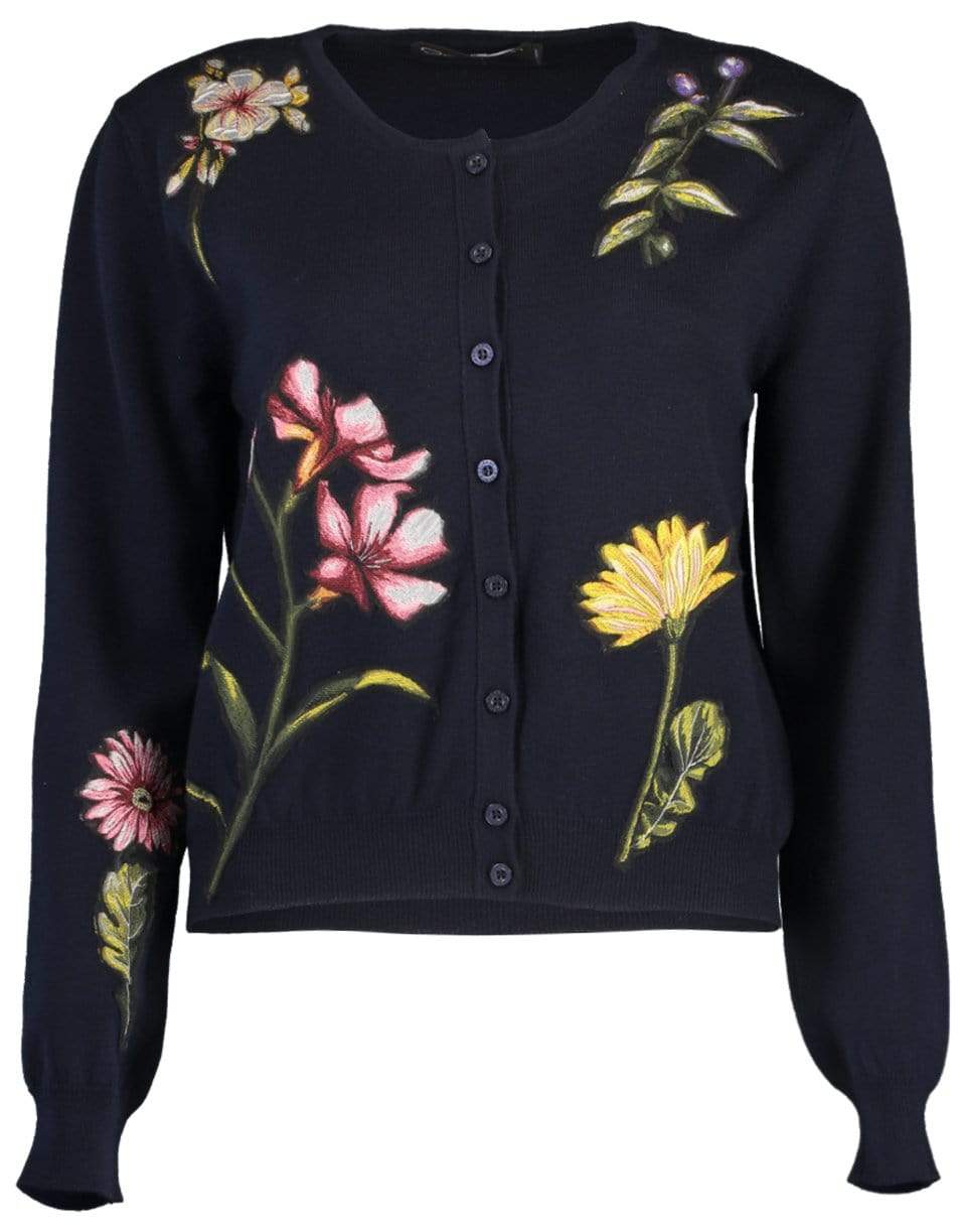 OSCAR DE LA RENTA-Navy Long Sleeve Floral Embroidered Cardigan-NAVY